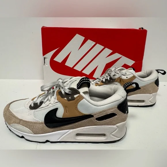 Nike Air Max 90 Futura Sneakers in White, Tan, and Black - Picture 1 of 5